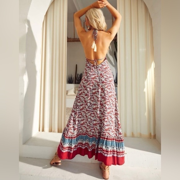 Bohemian Babe Casual Halter Backless Cami Classy Vacation Maxi Dress - Picture 3 of 6